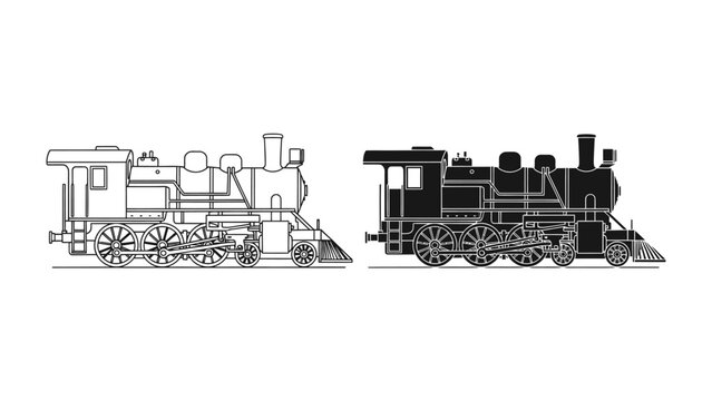 Vintage Steam Train Silhouette and Blueprint: A detailed blueprint and a bold silhouette of a classic steam train, showcasing historical engineering and industrial design.