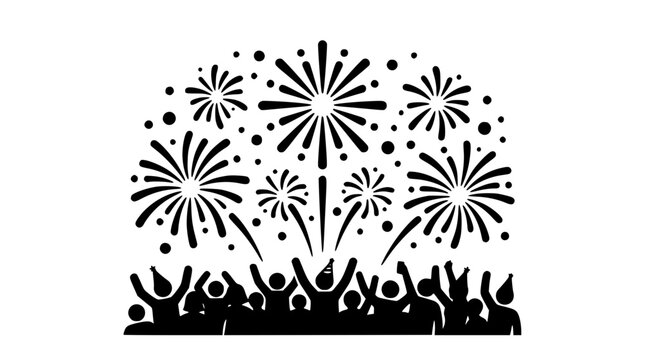 Crowd Celebrating Under a Fireworks Display Silhouette Illustration