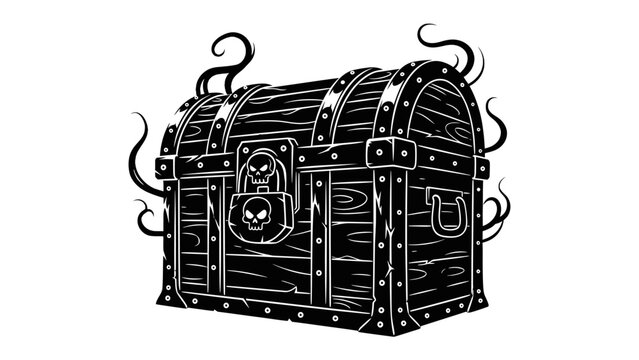 Mysterious Treasure Chest Illustration: An ornate, dark treasure chest adorned with iron bands and a spooky skull lock, surrounded by swirling tendrils, evokes a sense of mystery and adventure.