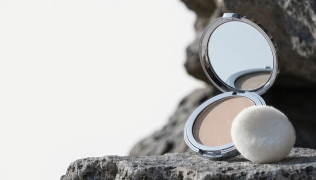 Cosmetics and fluffy puff displayed on a textured stone surface