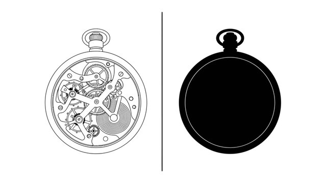 Mechanical Marvel and Silhouette: A detailed line drawing showcases the intricate internal mechanism of a pocket watch, contrasted with its stark, solid black silhouette.