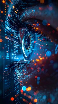 A futuristic close-up of a human eye with digital circuit patterns