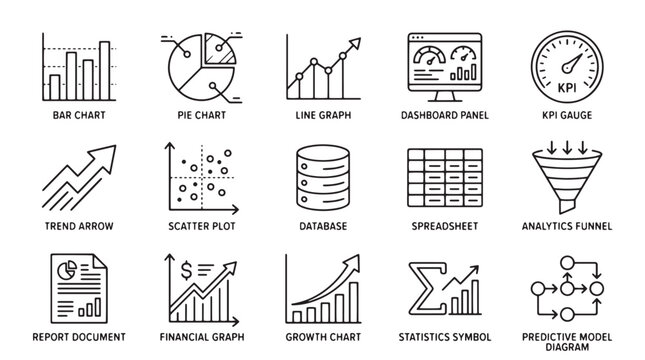 Business infographic elements, 20 icons, line style, data analysis, finance charts