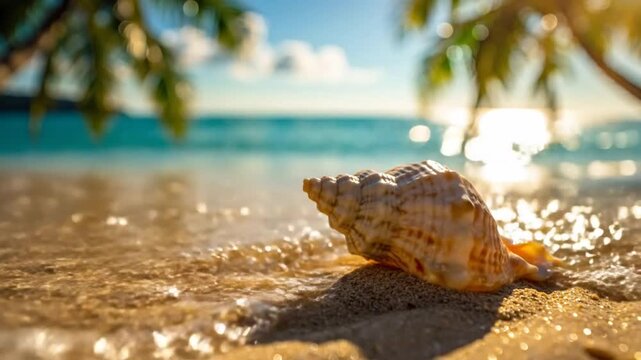 Tranquil beach scene with a seashell on golden sand as gentle waves lap the shore under a bright blue sky