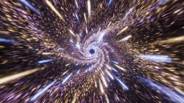 Mesmerizing visual tunnel through space with purple and gold celestial bodies and particles