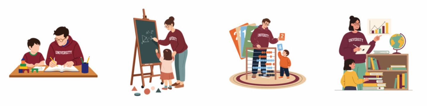 Flat vector illustrations of university educated parents and teachers teaching children subjects like math, geography, and literacy through various interactive educational activities.