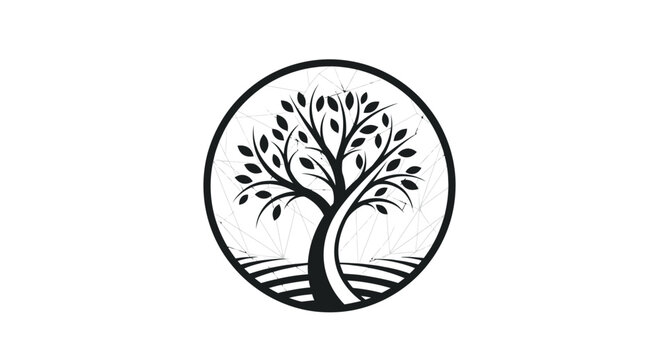 Stylized Tree Logo with Lush Leaves and Roots in Circular Frame on Isolated White Background