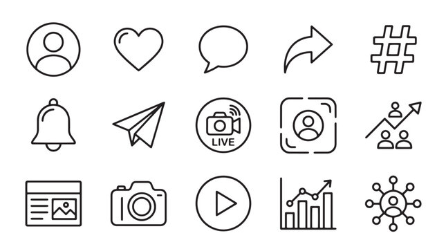 Social media icons, line style, 16 symbols, black and white, vector graphics, communication, digital, web, mobile app, interface elements