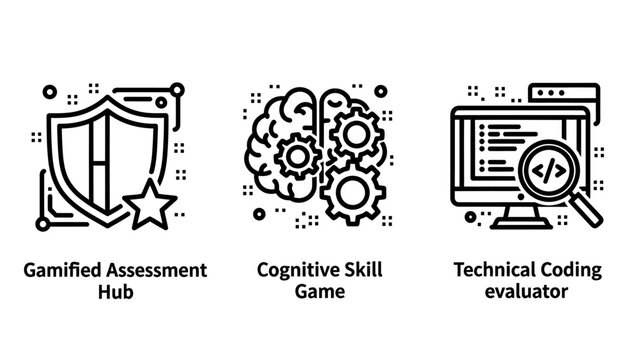 Gamified assessment cognitive skills and coding evaluation icons with gamified assessment cognitive evaluation training development programming software education learning intelligence