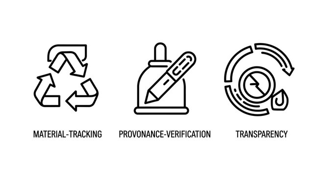 Sustainability and supply chain icons set: material tracking provenance verification transparency with sustainability tracking provenance transparency verification recycling manufacturing