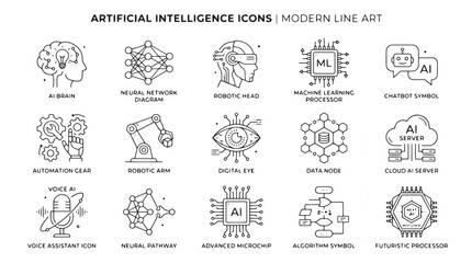 Obraz premium Artificial Intelligence Icons, Modern Line Art, AI Symbols, Vector Graphics