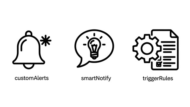Business notification and smart alert icon set for automation and triggered system rules with notification business management automation document lightbulb software settings workflow