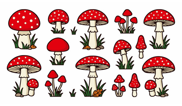 Cute red forest mushroom collection isolated on white flat vector illustration