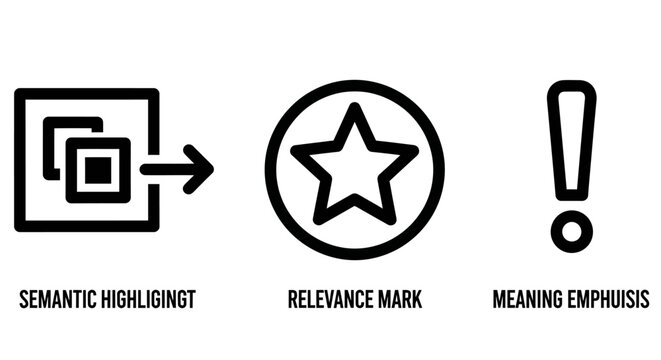 Semantic highlighting relevance mark and meaning emphasis interface symbols with semantic relevance emphasis exclamation interface indexing navigation information analysis communication