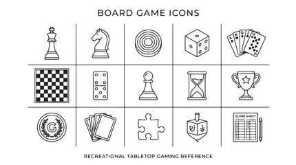 Fototapeta premium Board game icons, recreational tabletop gaming symbols, 16 tabletop game illustrations, black and white line art