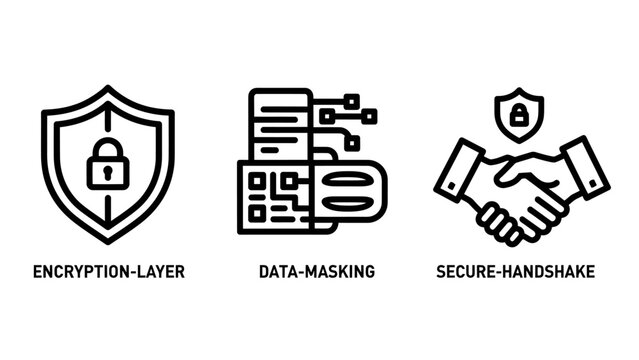 Set of cybersecurity icons representing encryption layer data masking secure handshake protocol cybersecurity encryption security protection handshake protocol information authentication