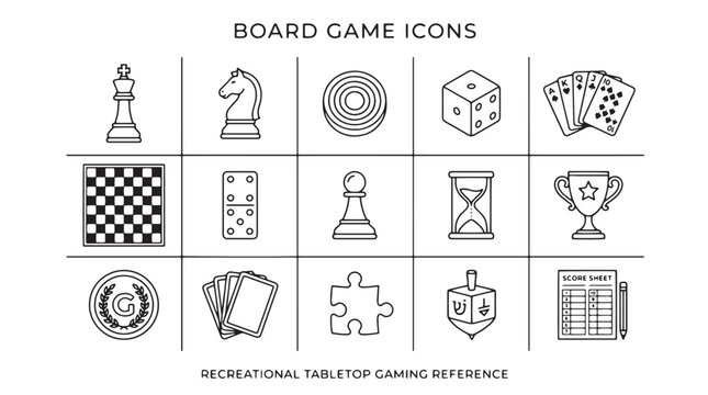 Board game icons, recreational tabletop gaming symbols, 16 tabletop game illustrations, black and white line art