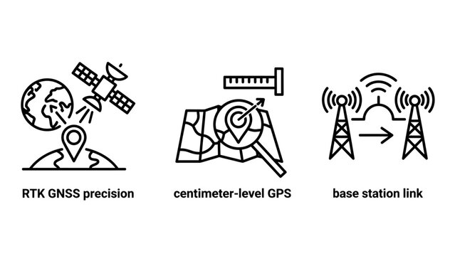 Geospatial technology and navigation icons set including rtk gnss precision centimeter-level gps and base station link with geospatial navigation technology precision satellite location position