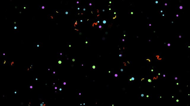 Colorful confetti and streamers falling on black background