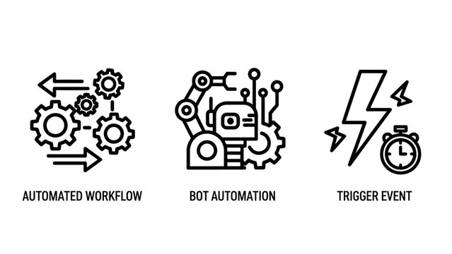 Workflow automation and robotic trigger event process icons with workflow automation mechanical lightning technical efficiency management business industrial scheduling performance software