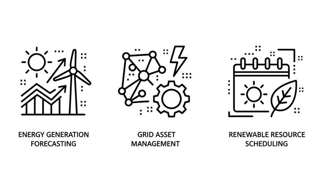Renewable energy forecasting and resource management icons with generation forecasting management renewable resource scheduling electricity calendar sustainable technology industry planning