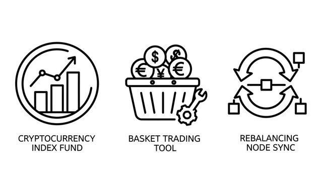 Cryptocurrency index fund basket trading tool and rebalancing node sync icons with cryptocurrency investment blockchain rebalancing currency portfolio business economic transaction automation