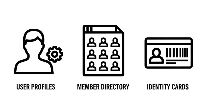 Human resources user management and identity identification icons with directory identity personnel management employee database settings administration verification security information