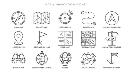 Map navigation icons, travel symbols, location markers, directional signs, vector graphics © Rosie