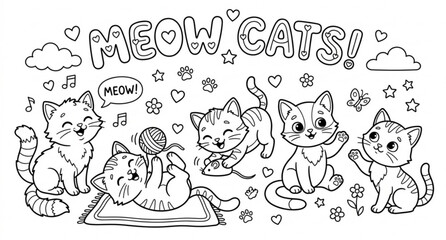 Fototapeta premium Meow cats coloring page for kids vector illustration