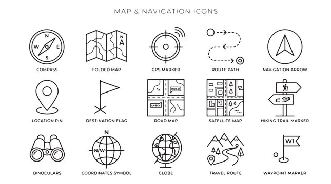 Map navigation icons, travel symbols, location markers, directional signs, vector graphics
