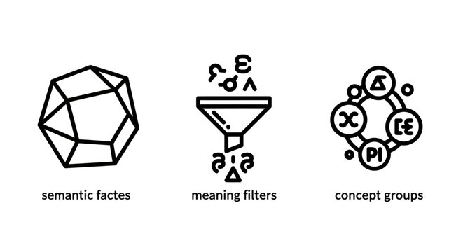 Abstract icons illustrating semantic facets meaning filters concept groups in geometric and funnel shapes semantic abstract collection information analysis intelligence knowledge