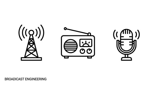 Broadcast engineering icon set featuring radio antenna frequency transmitter and podcast microphone broadcast tools radio tower media production audio equipment frequency modulation fm radio