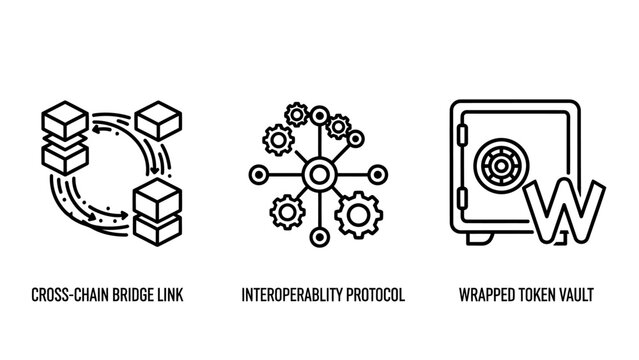Blockchain technology and security icons: cross-chain link interoperability token vault with smart contract blockchain cryptocurrency security interoperability protocol connection technology