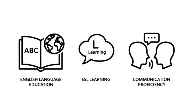 Education and learning icon set representing english language studies esl instruction and communication proficiency with education learning language teaching communication proficiency training