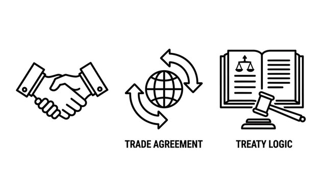 Business and legal concept icons set representing trade agreements and treaty logic with agreement business contract handshake commerce partnership negotiation cooperation corporate protocol