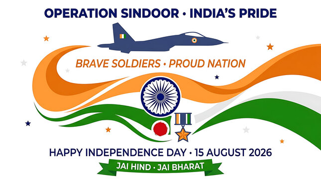 Operation sindoor india independence day 15 august 2026 greeting card design with fighter jet and national flag elements