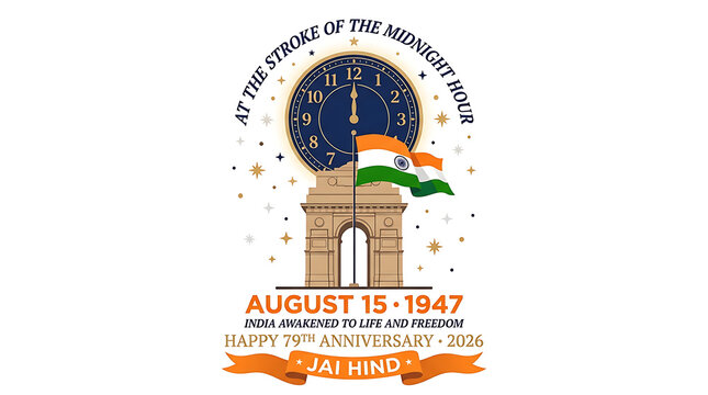India independence day 15th august 1947 79th anniversary 2026 vector illustration with india gate and clock