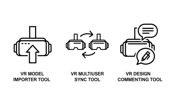 Set of three virtual reality development tool icons including model importer multiuser sync and design commenting with metadata importer technology development metaverse software graphics