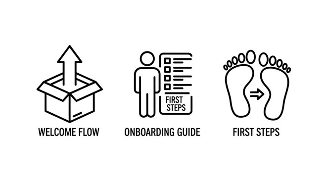 Set of UI icons for welcome flow onboarding guide and first steps process with onboarding tutorial interface beginners training instruction navigation walkthrough application software