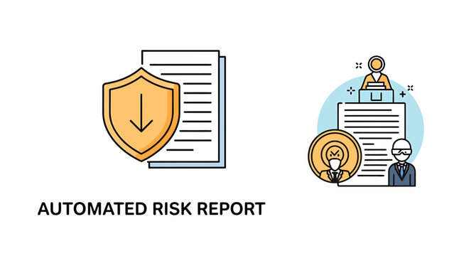 Automated risk report and business security compliance document icons with automated business compliance document security analysis evaluation assessment management corporate protection