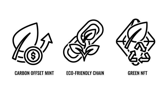 Carbon offset minting eco-friendly blockchain and green nft icons with friendly blockchain environment sustainable cryptocurrency recycling technology investment innovation currency business