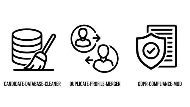 Set of three database management and compliance vector icons including cleaner profile merger and data protection shield database compliance cleaning profiles protection security management
