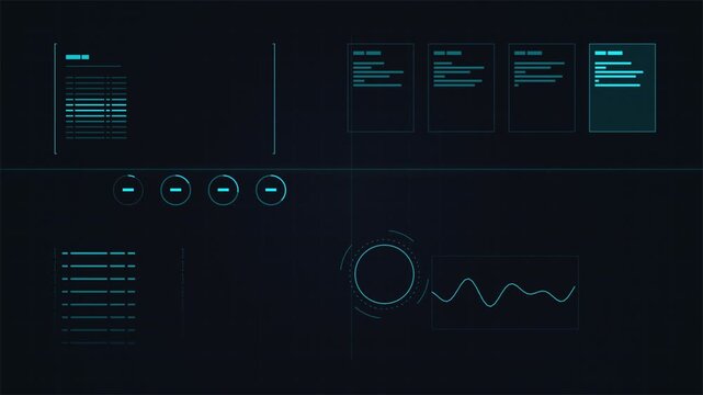 Futuristic HUD interface with circular target pointer and data panels on dark grain background, cyber technology digital dashboard 4k video