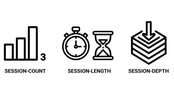 Website analytics metrics icons representing session count length and depth with analytics statistics stopwatch hourglass business measurement tracking behavior performance marketing