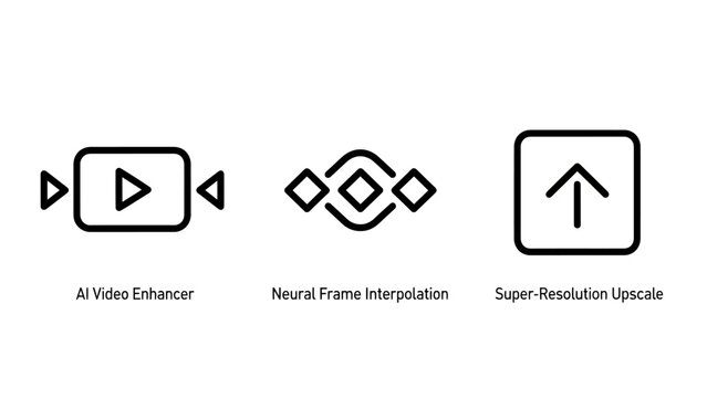 Editing and enhancement tools icons for frame interpolation and resolution upscaling with enhancer interpolation resolution upscaling software technology processing improvement creation