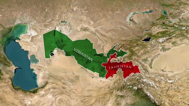 Animated map highlights borders of Uzbekistan and Tajikistan in Central Asia video footage