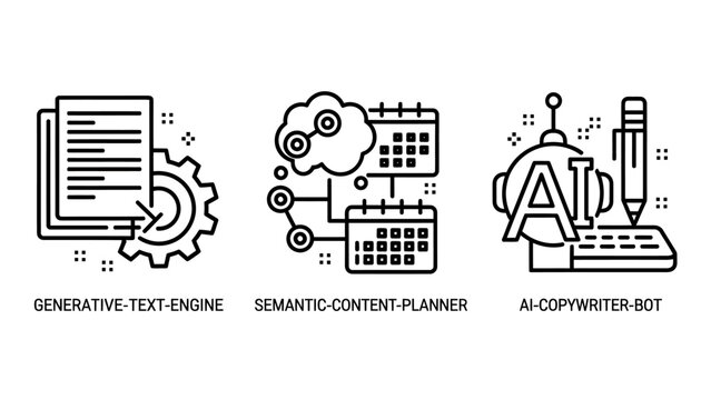 Artificial intelligence content creation icons set generative text engine semantic content planner and AI copywriter bot with generative semantic copywriter artificial intelligence automated
