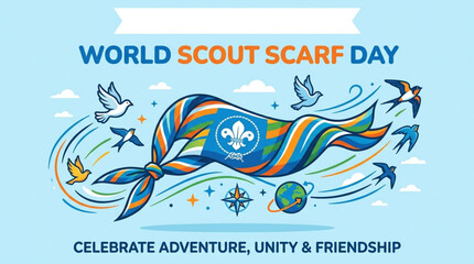 Naklejka premium World Scout Scarf Day illustration featuring a colorful neckerchief with birds and global symbols celebrating adventure unity and friendship