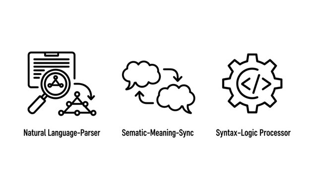 Technical development icons for natural language parsing semantic meaning synchronization and syntax logic processing programming software development language semantic algorithm processing