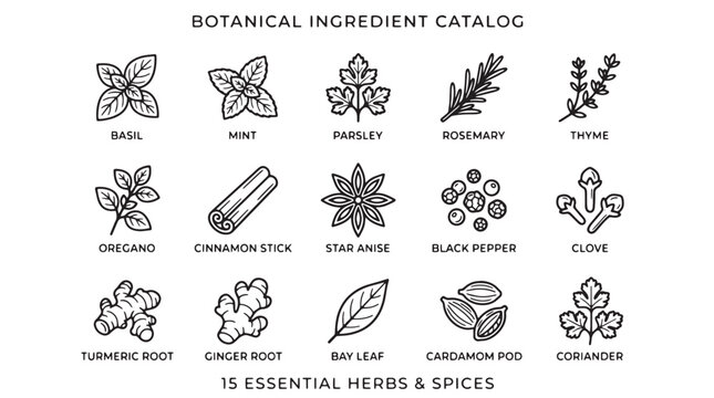 Botanical herbs and spices, essential ingredients, 15 icons set, black line drawings